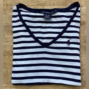 Ralph Lauren Sport Women’s Sz Small V Neck Navy/White Stripe‎ Short Sleeve Tee